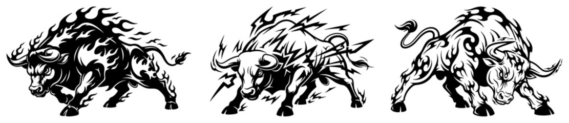 Aggressive bull tribal tattoo designs featuring fire and lightning elements set © Aisha Kudorova