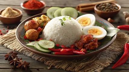 Nasi lemak serving  coconut rice  authentic Malaysian presentation