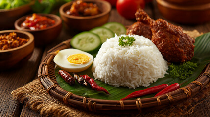 Nasi lemak serving  coconut rice  authentic Malaysian presentation