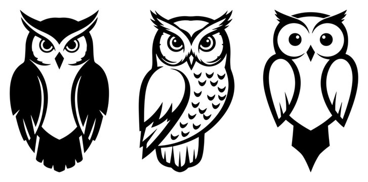 Set of three different stylized owl vector illustrations in black and white
