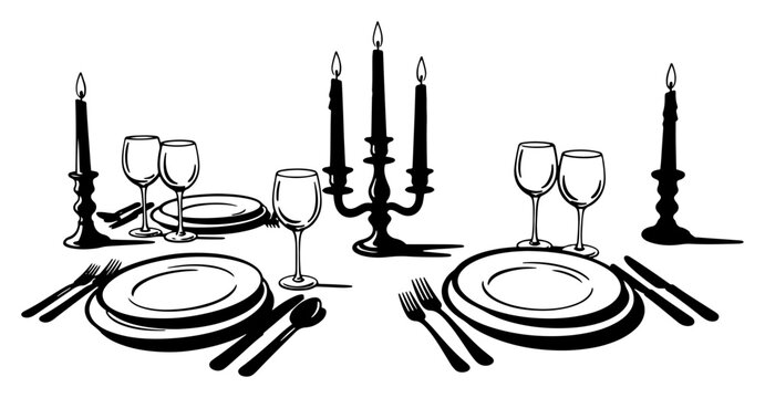 Elegant dining table setting with candles and wine glasses sketch