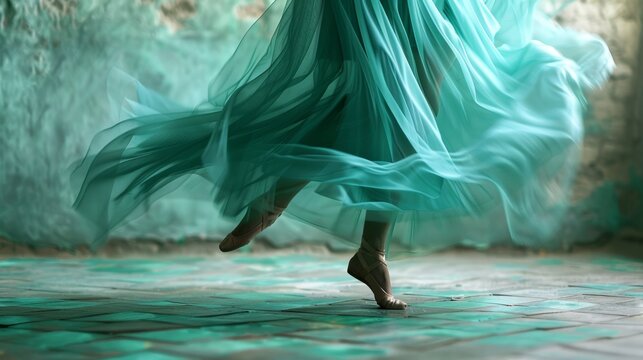 The fluid movement of a turquoise ballet skirt as it follows the intricate footwork of the dancer.