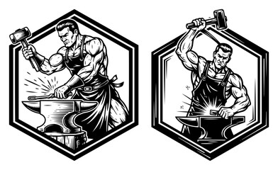 Muscular blacksmith striking anvil with hammer in retro badge style