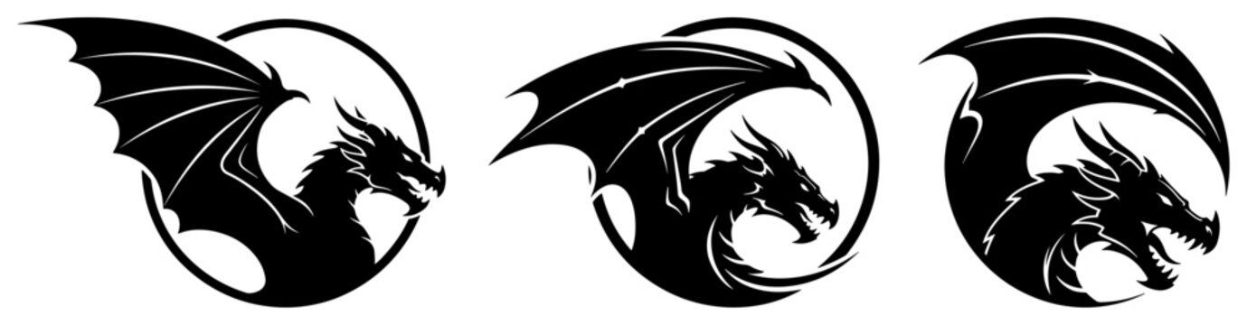 Set of circular dragon head logos with wings for mascot branding design