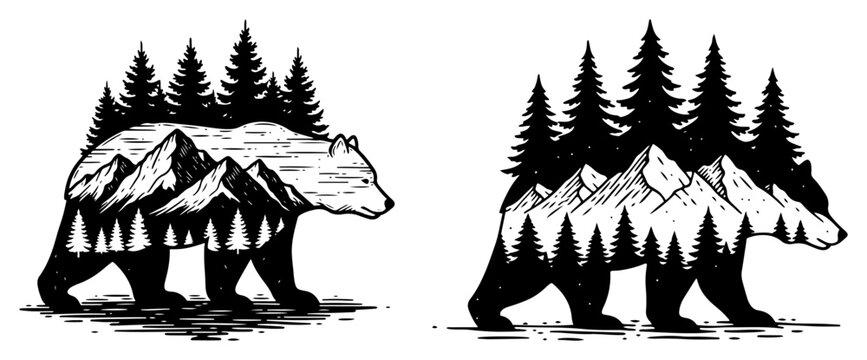 Double exposure bear silhouette with forest and mountain landscape inside body