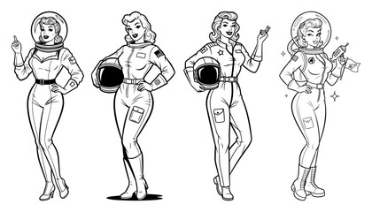 Retro style pin-up astronaut women characters posing in space suits © Aisha Kudorova