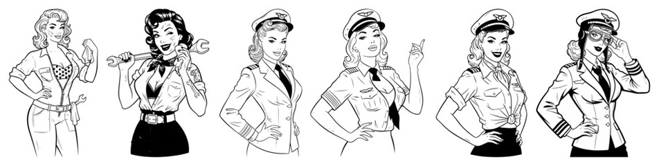 Vintage pin-up women characters dressed as mechanics and airplane pilots © Aisha Kudorova