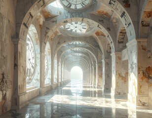 Fototapeta premium Ancient arched hallway, adorned with numerous clock faces on its weathered walls and ceiling, gracefully leads towards a bright, distant light, symbolizing the passage of time and an unknown future.