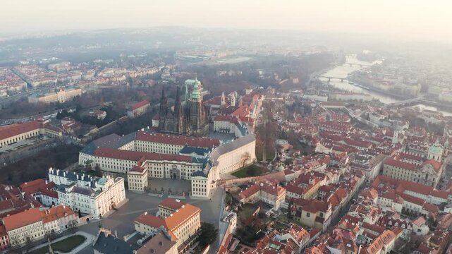 Aerial Drone View of St. Vitus Cathedral and Prague Castle at Sunrise, 4K