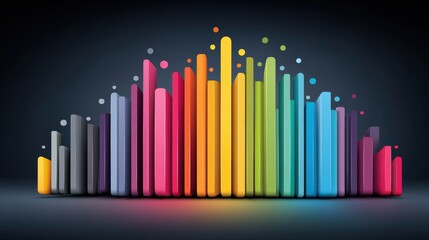Colorful abstract soundwave representation with vibrant bars and dots on a dark background