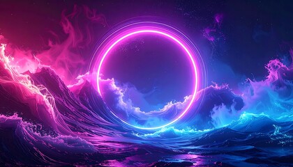 Vibrant swirling waves flank a glowing circular portal amidst a starlit, smoky sky