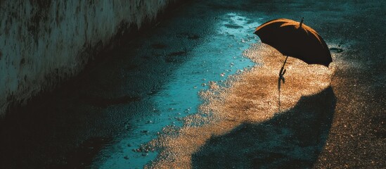 An open umbrella in a rain-soaked area casting a long shadow