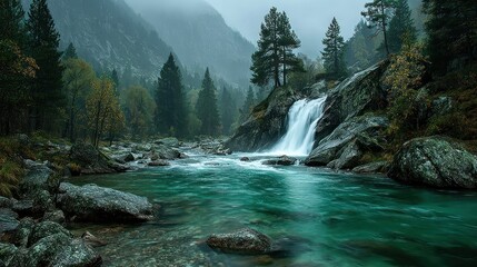 A misty, serene landscape with a waterfall and flowing river