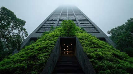 Tall building with green fa?ade, stairs, and foggy sky