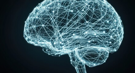 Illuminated brain, rendered with glowing lines and neural network