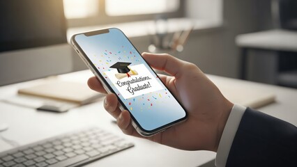 Graduate Holding Smartphone with Graduation Announcement and Cap - Celebratory Image for Commencement