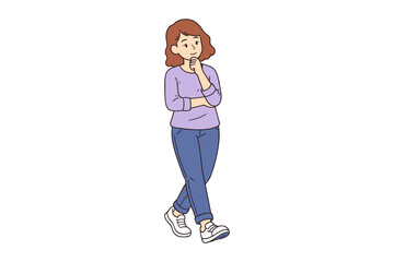 Thoughtful cartoon woman thinking with hand on chin, casual outfit, flat vector character illustration