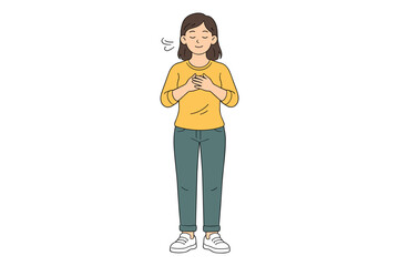 Calm cartoon woman practicing mindfulness with hands on chest, self care, flat vector character illustration