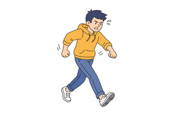 Angry cartoon boy walking in hoodie with clenched fists, frustration emotion, flat vector character illustration