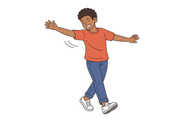 Happy cartoon boy running with open arms, joyful energy, flat vector character illustration