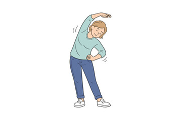 Cartoon woman stretching side bend, warm up fitness exercise, flat vector character illustration