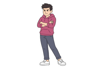 Angry cartoon man with crossed arms, disapproval and serious mood, flat vector character illustration