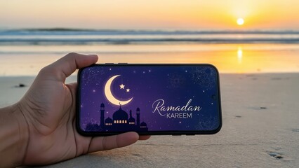 Beautiful Ramadan Kareem Greeting on Smartphone at Sunset Beach