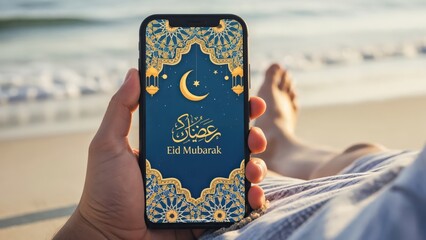 Mobile Phone Displaying Eid Mubarak Greeting on Beach Sand at Sunset