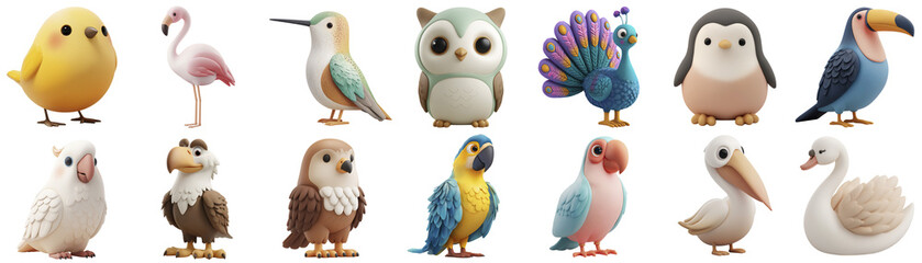 Adorable Pastel 3d Bird Characters Collection on Transparent Background