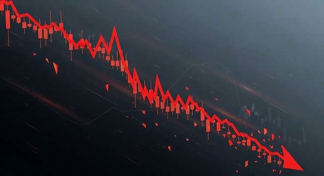 Dramatic Red Stock Market Crash Graph Plunging Downward with Dark, Moody Lighting. - Powered by Adobe