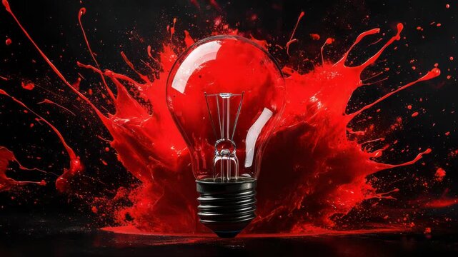 Clear lightbulb bursting from a splattered burst of vibrant red paint against a black background