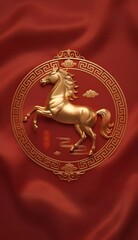 Fototapeta premium Golden horse in mid-gallop on luxurious red background
