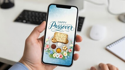 Happy Passover Greeting Card on Smartphone with Floral Design and Matzah Image