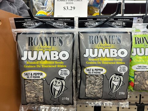 Ronnie&rsquo;s Original Giant Jumbo Sunflower Seeds. Vulcan, Alberta, Canada. For editorial use only.