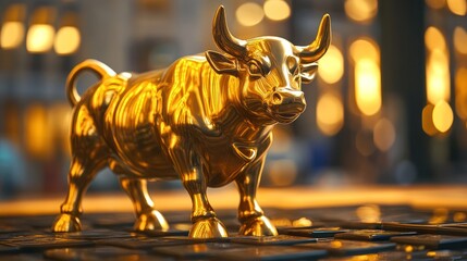 A golden Page  bull statue stands confidently on a grid floor amidst blurred background lights