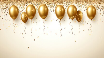 Golden balloons floating in the air with confetti on a white background