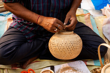 Man Handcrafting Bamboo Lampshade at Kolkata Handicraft Fair