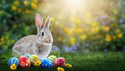 Cute bunny with painted Easter eggs and yellow flowers on blurry spring garden background. 