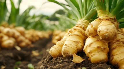 Freshly harvested ginger roots displayed in a lush Page garden environment