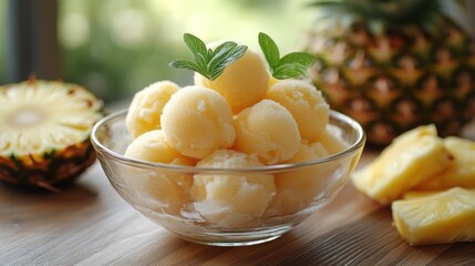 Pineapple balls in a glass bowl on a wooden table with fresh pineapple slices and a whole pineapple in the background