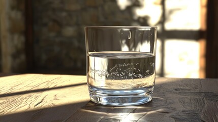 A glass of clear water on a wooden table bathed in sunlight from a window
