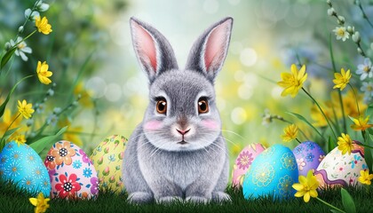 Cute bunny with painted Easter eggs and yellow flowers on blurry spring garden background. 