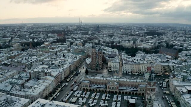 Krakow Old Town Square at Sunrise &ndash; Golden Hour Drone Aerial, 4K