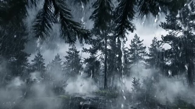 Immerse yourself in the dramatic beauty of a dense forest during a heavy downpour. This atmospheric shot captures the steady cascade of rain and ethereal mist shrouding dark pine trees, creating a pow