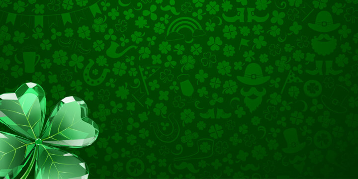 St Patricks day illustration in flat style with green background and clover pattern.