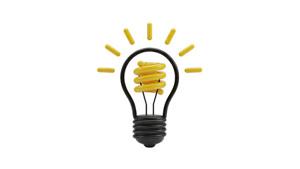 Stylized Light Bulb with Yellow Spiral Filament and Rays on White