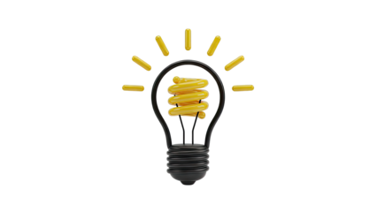 Stylized Light Bulb with Yellow Spiral Filament and Rays on White