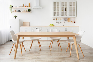 Scandinavian classic white kitchen with wooden details, minimalistic interior design. Modern...