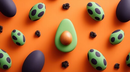 Colorful arrangement of eggs and an avocado on an orange background, perfect for Easter themes