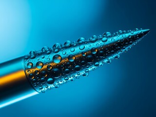 Macro View of a Metal Probe Tip Covered in Water Droplets
